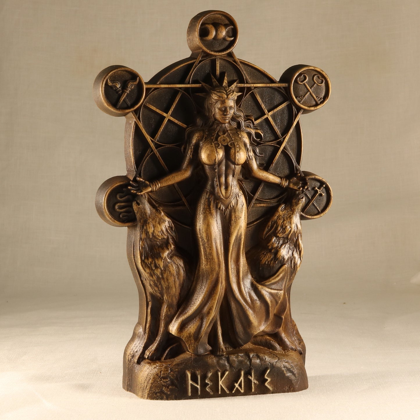 Wooden Hekate Statue - Triple Goddess Sculpture