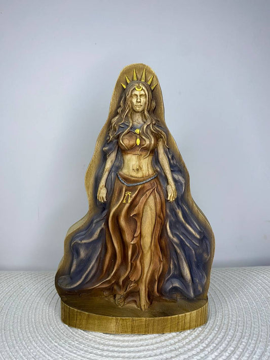 Hand-painted wooden statue inspired by Hecate, Greek goddess of magic and crossroads, depicted in flowing robes with lunar crown symbolism, representing intuition, protection, transformation, and sacred feminine spiritual decor.
