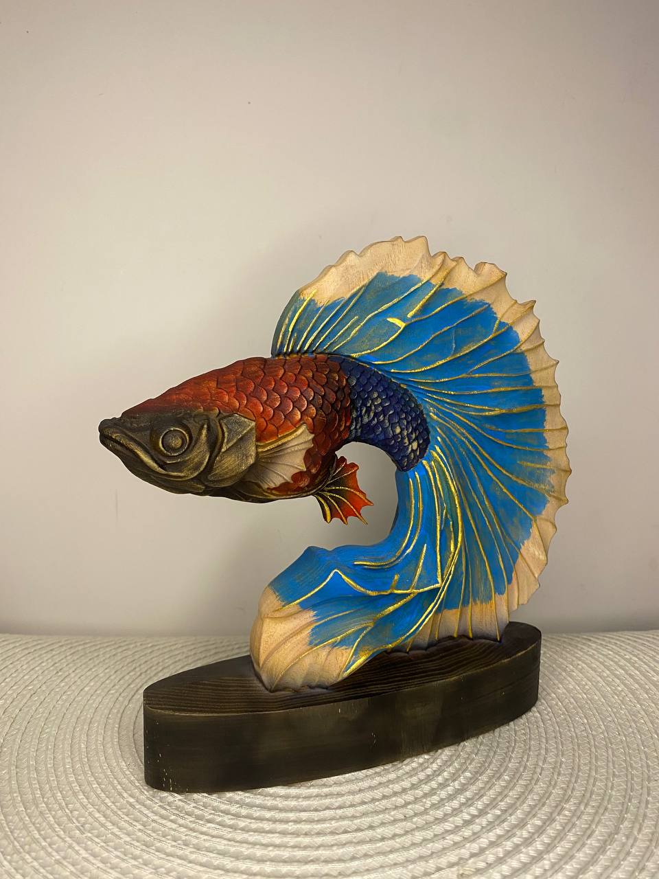 Golden Fish Sculpture Carved Wooden – Ash Tree Lucky Prosperity Symbol