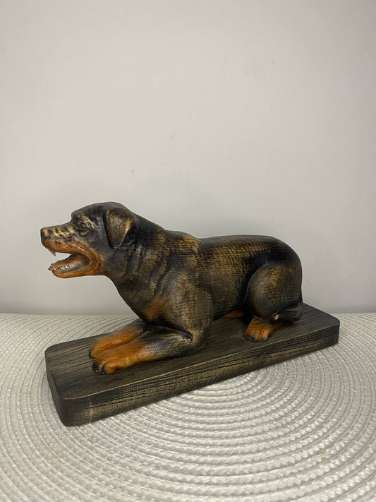 Rottweiler Wooden Statue | Hand-Carved Ash Wood Dog Figurine