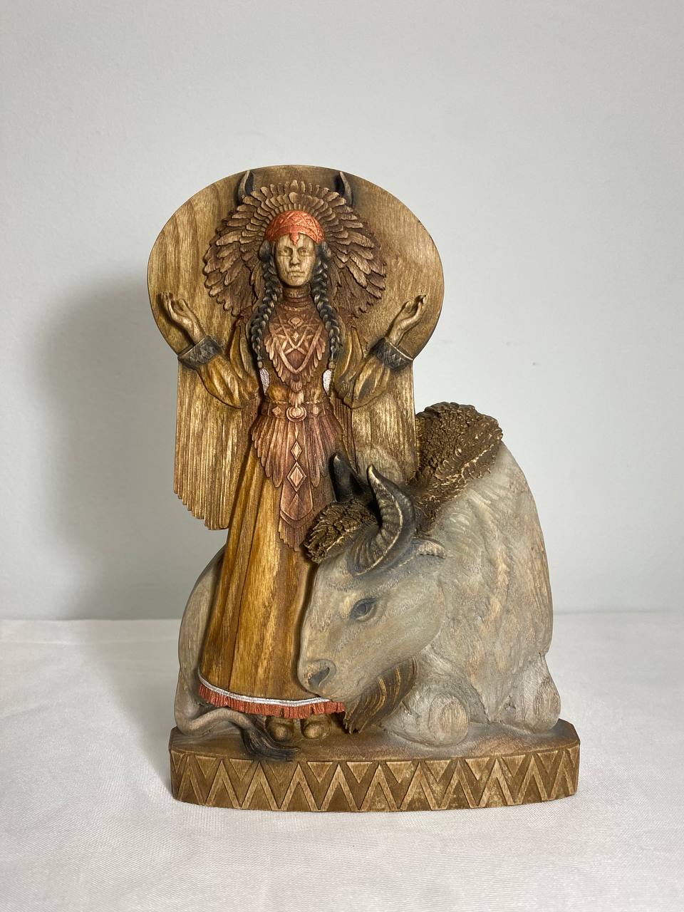 White buffalo maiden White buffalo statue White buffalo women Native american statue Buffalo women art Wood carved bison Buffalo wood décor