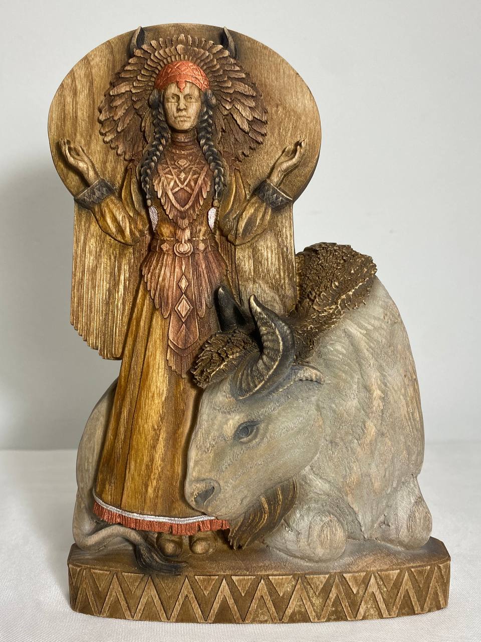 White buffalo maiden White buffalo statue White buffalo women Native american statue Buffalo women art Wood carved bison Buffalo wood décor