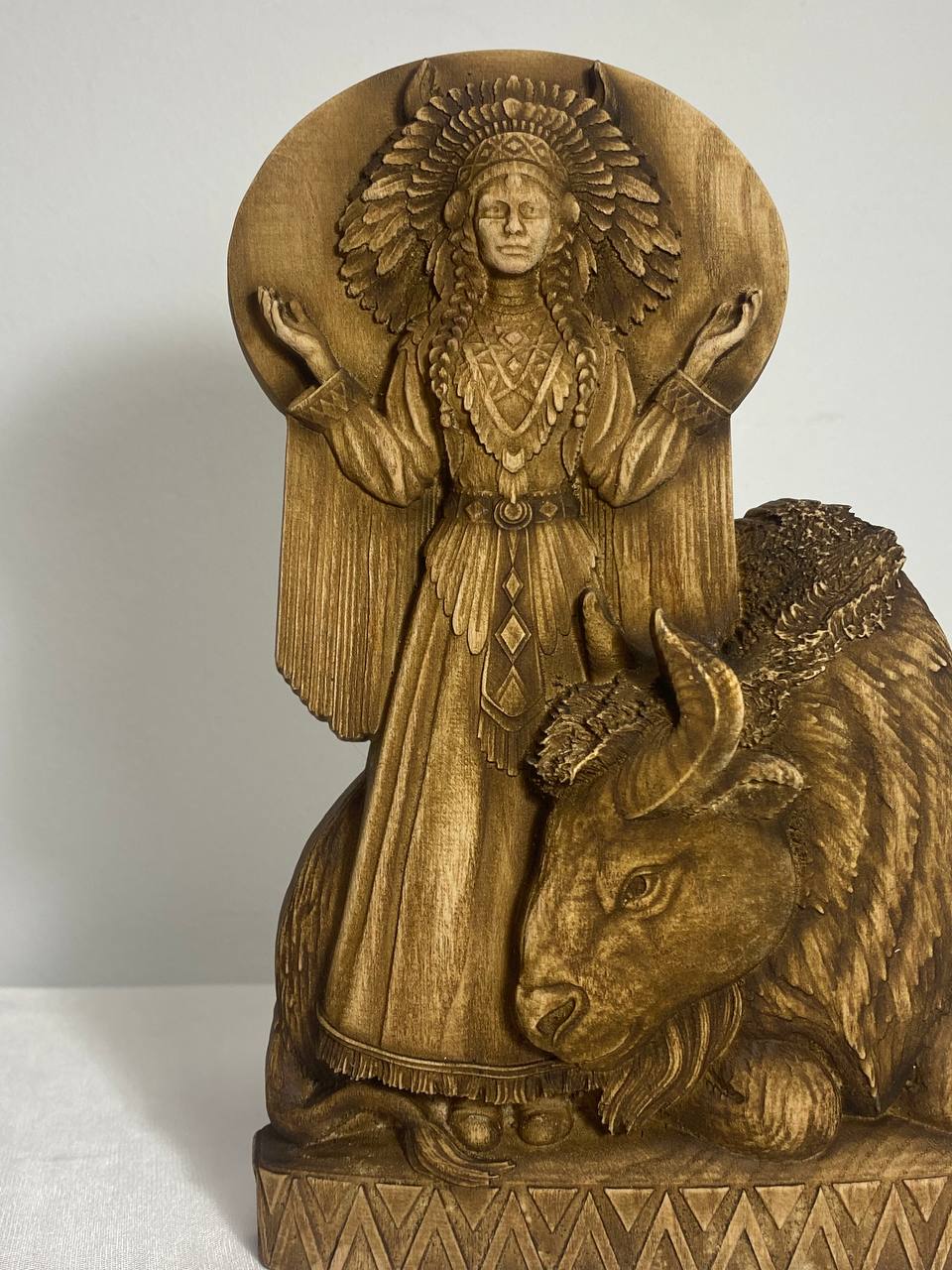 White buffalo maiden White buffalo statue White buffalo women Native american statue Buffalo women art Wood carved bison Buffalo wood décor