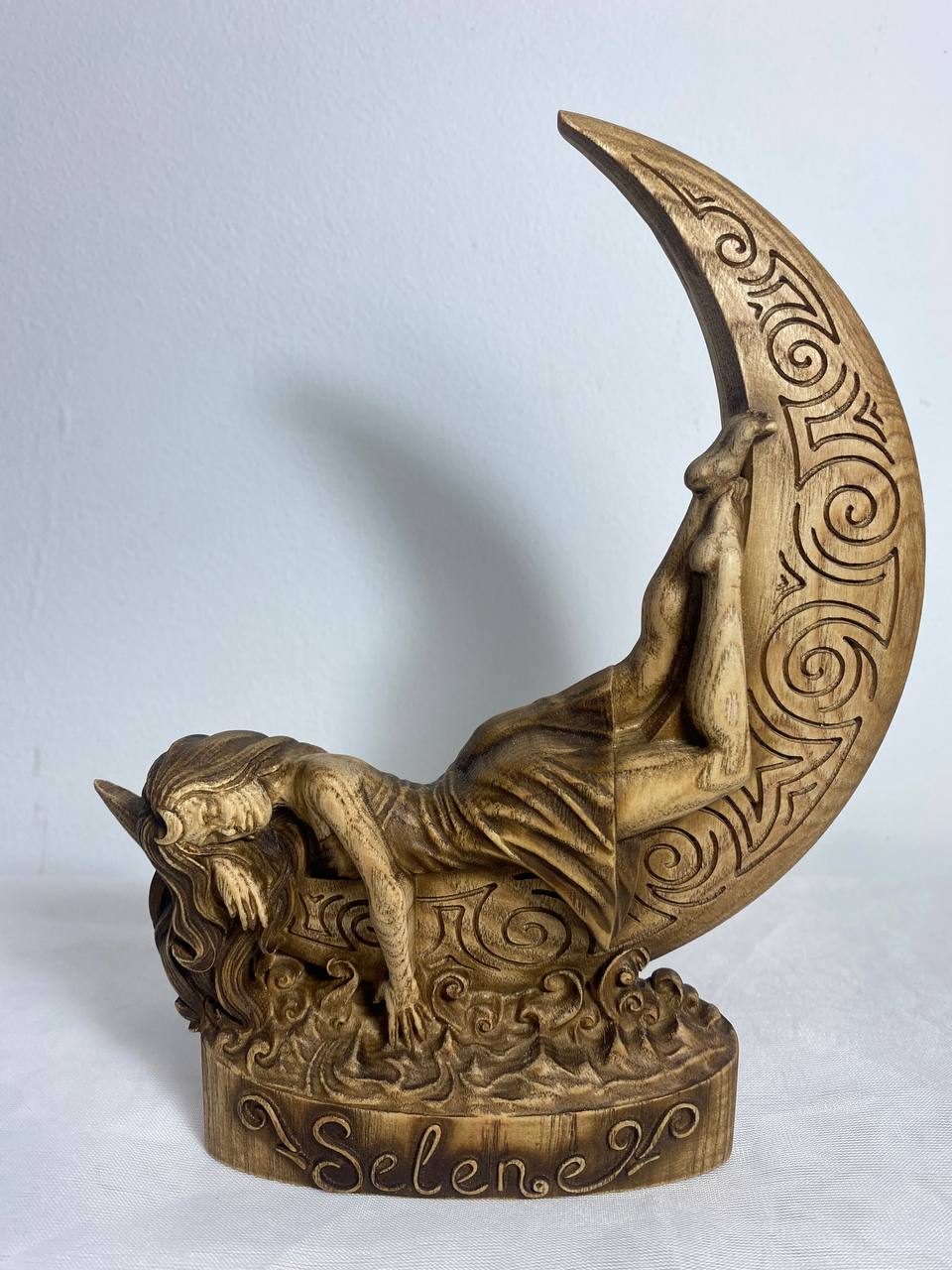 Moon goddess Moon goddess statue Celtic witchcraft Selena moon goddess Selena statue Greek statue Greek goddess Greek mythology Woodcarving