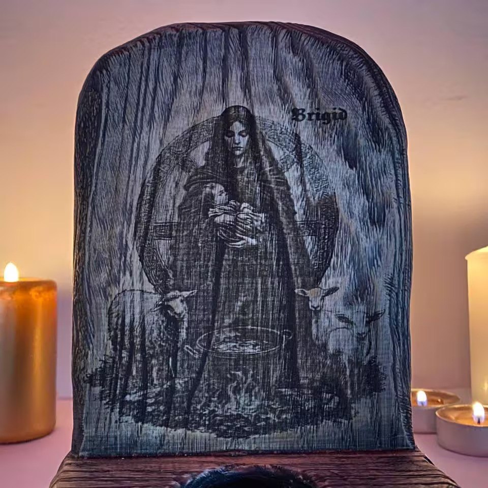 Brigid Brigid altar Imbolc altar Goddess brigid Goddess altar Celtic goddess St brigid cross Wooden candle holder Wood carving Pagan altar