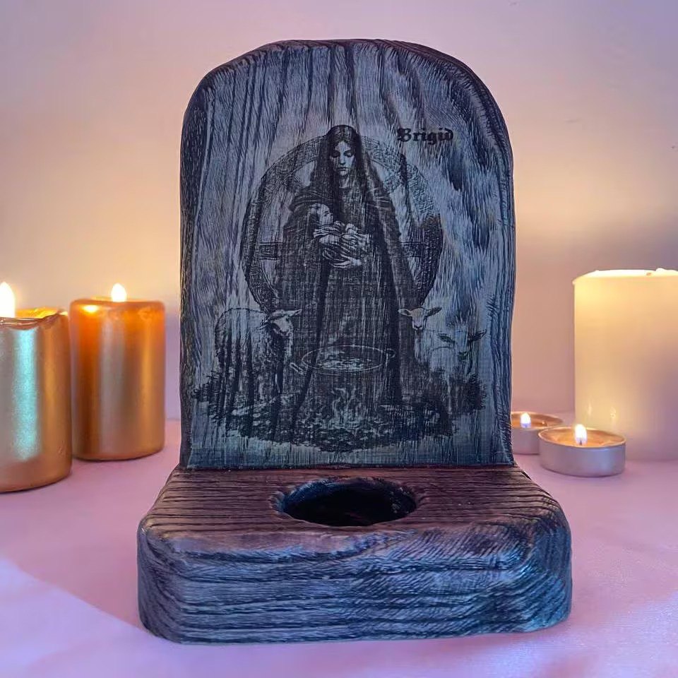 Brigid Brigid altar Imbolc altar Goddess brigid Goddess altar Celtic goddess St brigid cross Wooden candle holder Wood carving Pagan altar