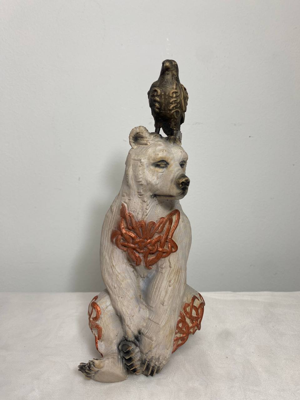 White Bear & Raven Statue: A Symbolic Carved Wooden Artwork