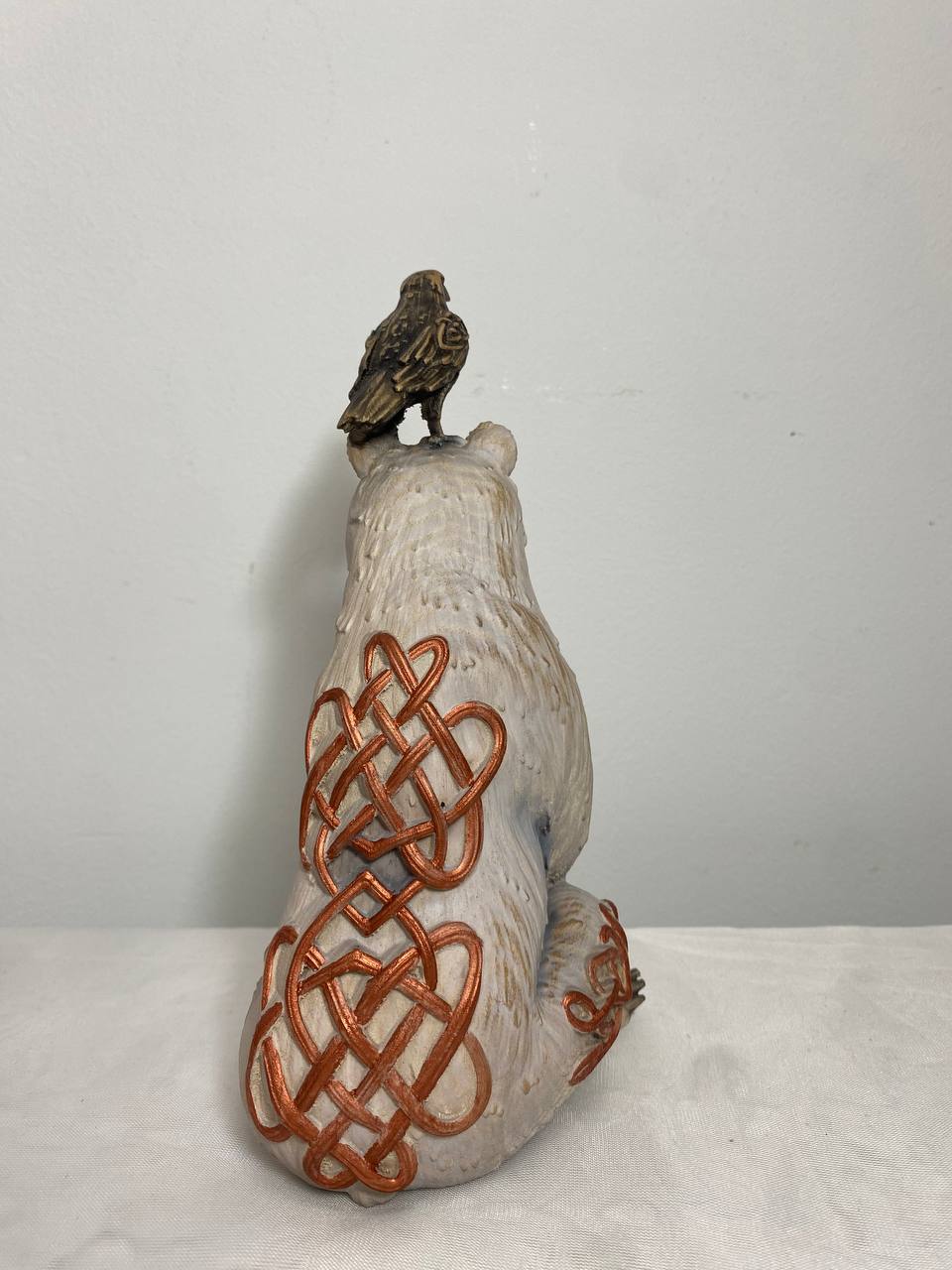 White Bear & Raven Statue: A Symbolic Carved Wooden Artwork