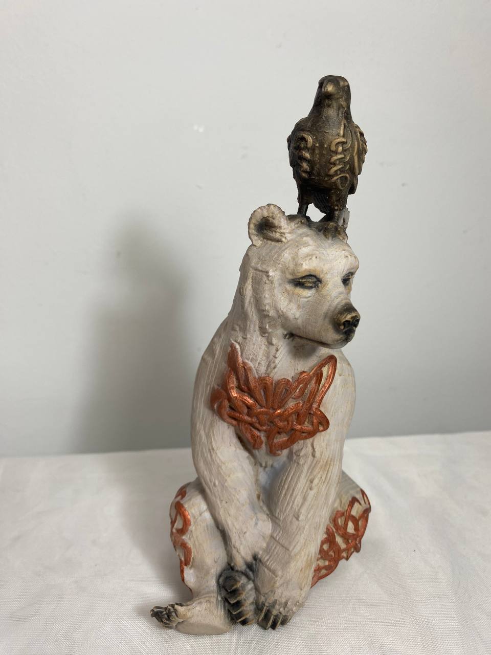 White Bear & Raven Statue: A Symbolic Carved Wooden Artwork