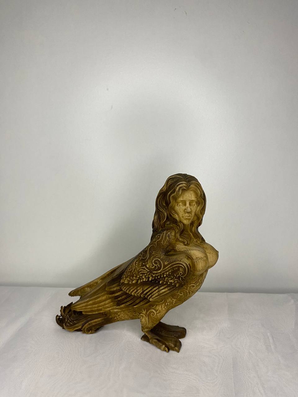 Hand-Carved Wooden Sirin Statue: Slavic Goddess Bird Figurine