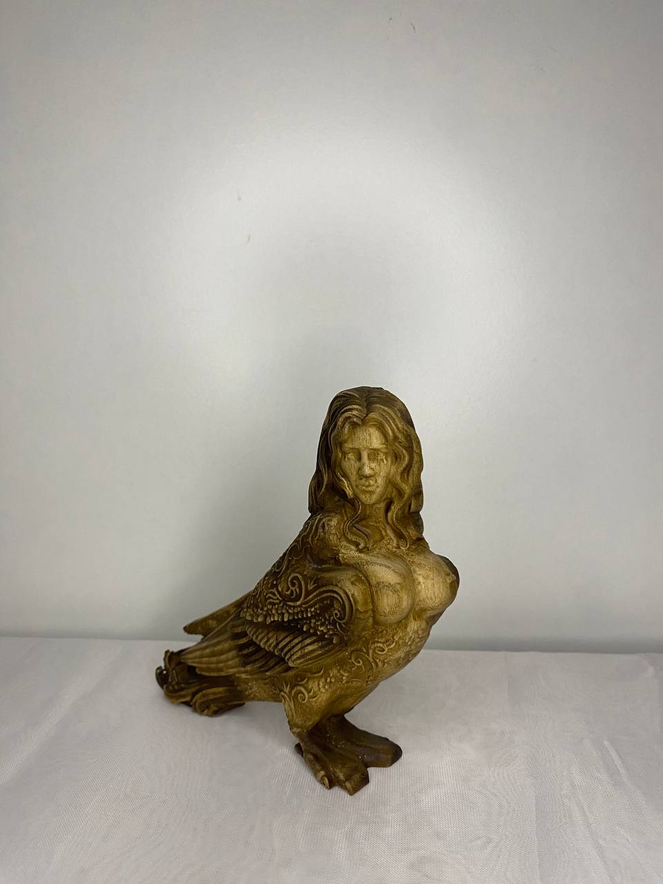 Hand-Carved Wooden Sirin Statue: Slavic Goddess Bird Figurine
