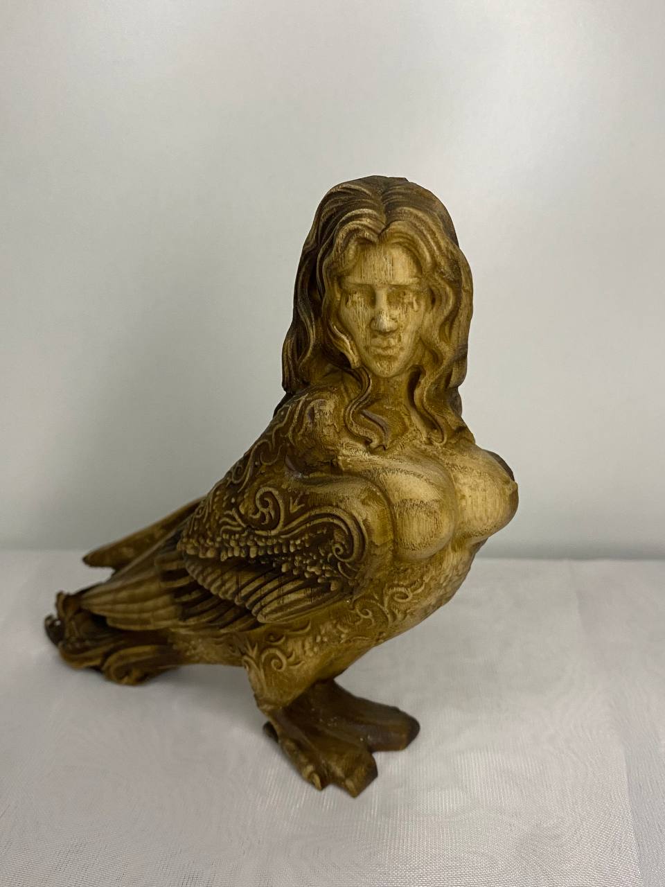 Hand-Carved Wooden Sirin Statue: Slavic Goddess Bird Figurine