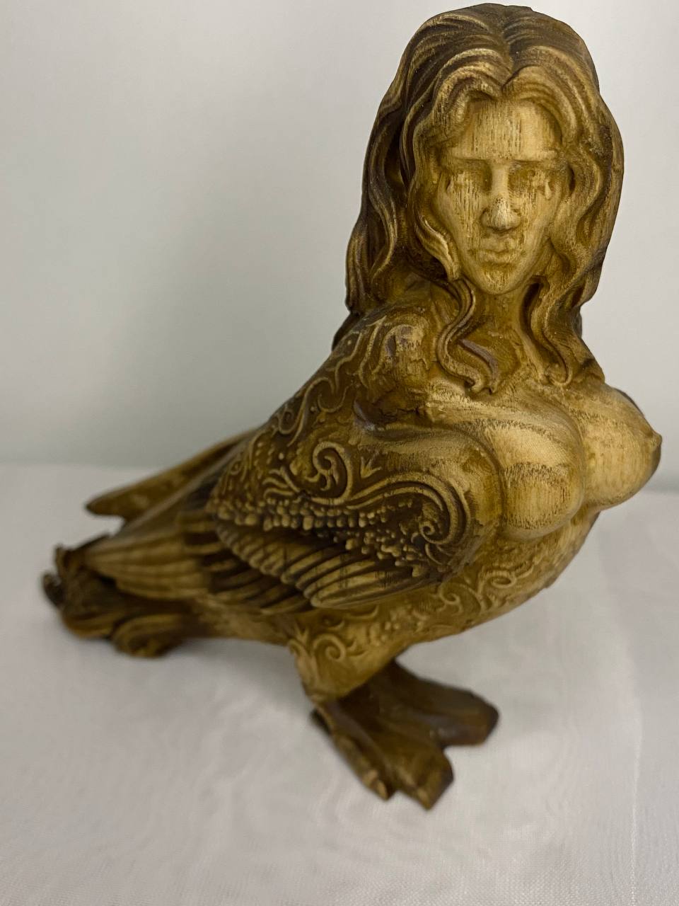 Hand-Carved Wooden Sirin Statue: Slavic Goddess Bird Figurine