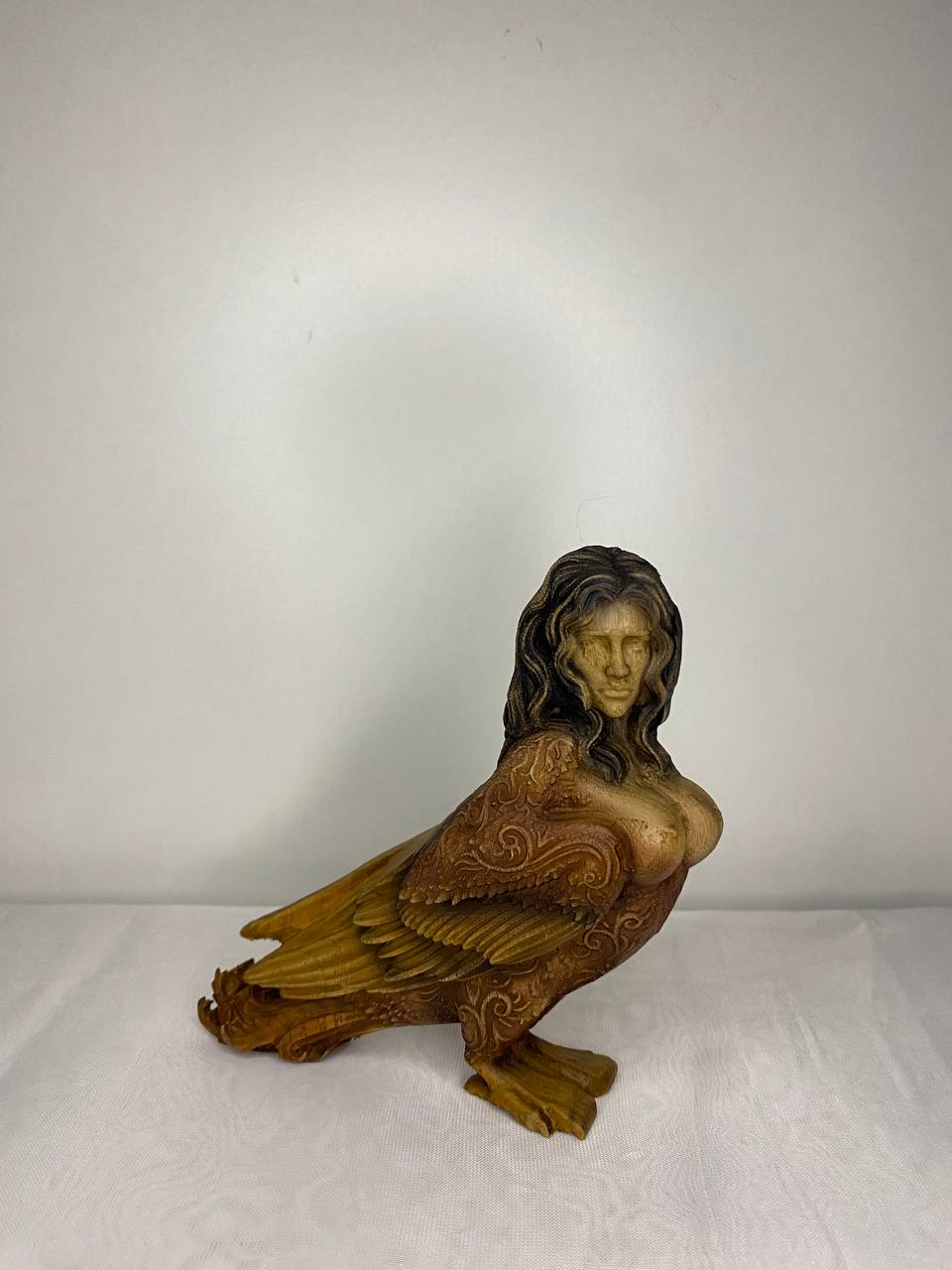 Hand-Carved Wooden Sirin Statue: Slavic Goddess Bird Figurine