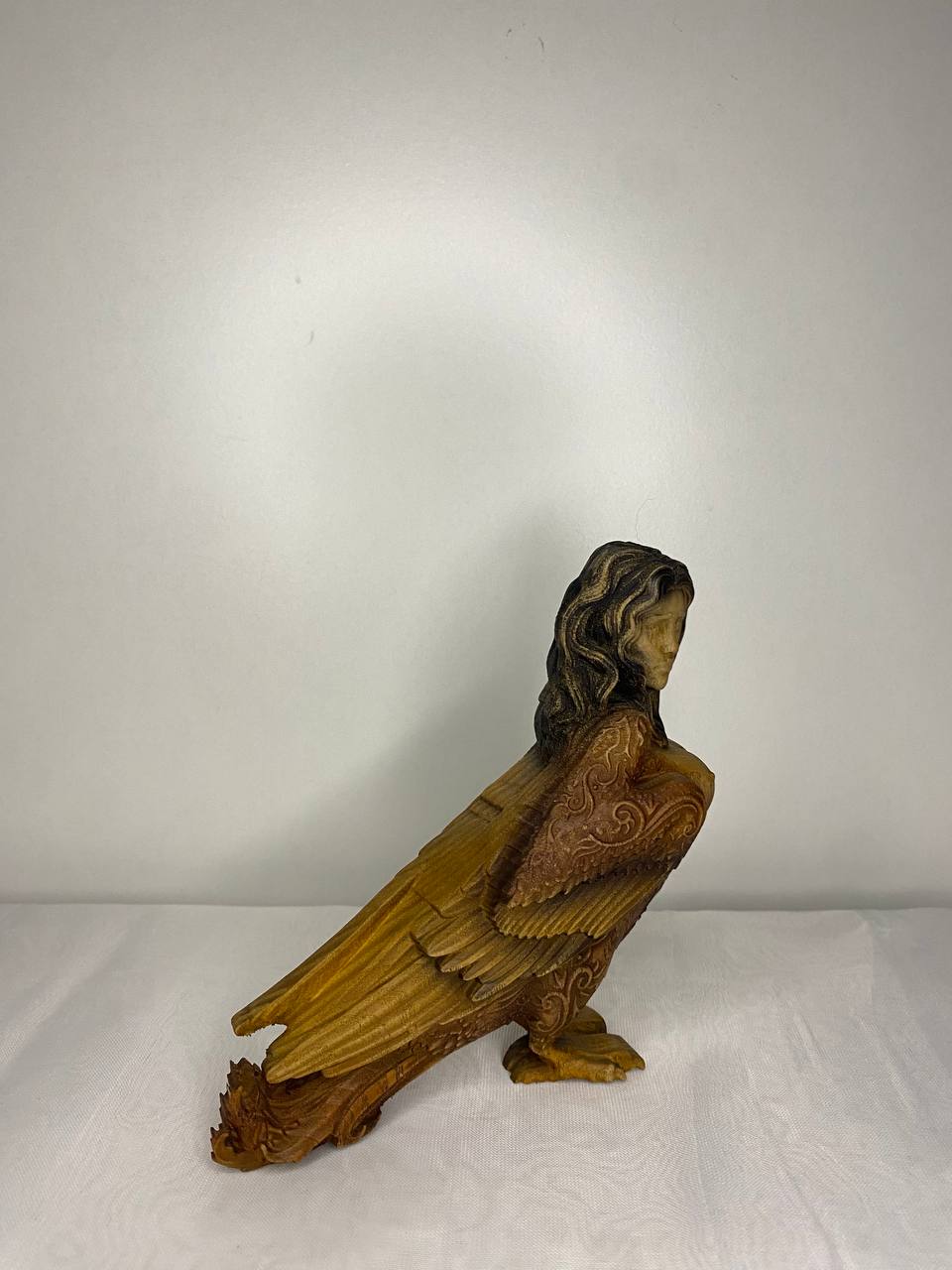 Hand-Carved Wooden Sirin Statue: Slavic Goddess Bird Figurine