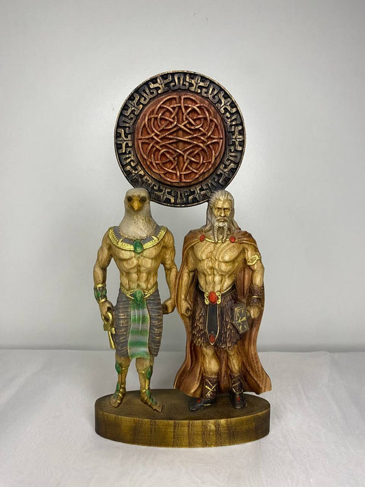 Horus & Thor Statue: Handcrafted Ash Wood, Egyptian Norse Mythology