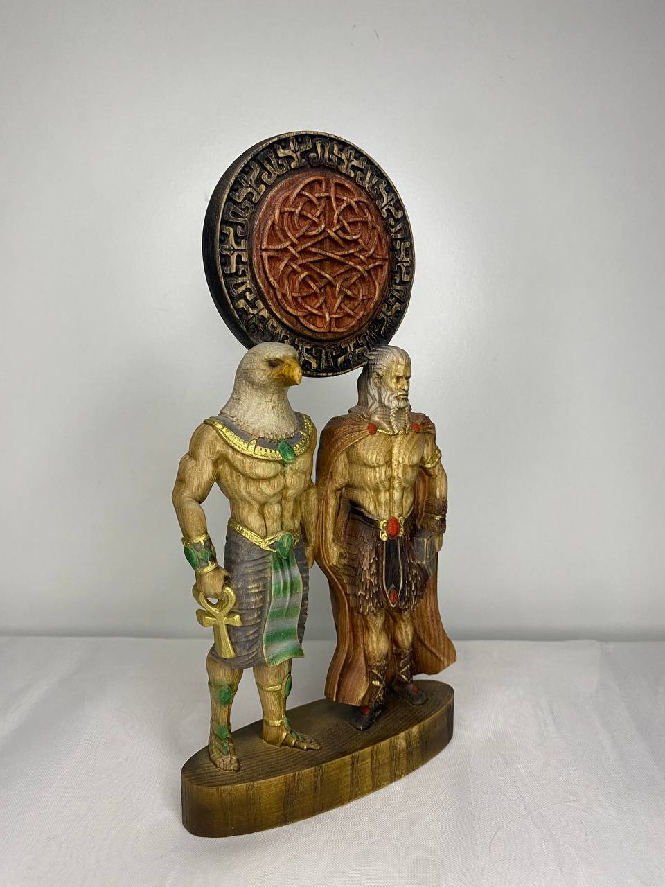 Horus & Thor Statue: Handcrafted Ash Wood, Egyptian Norse Mythology