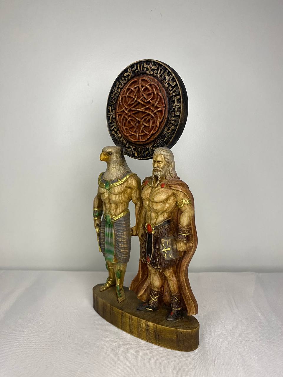 Horus & Thor Statue: Handcrafted Ash Wood, Egyptian Norse Mythology