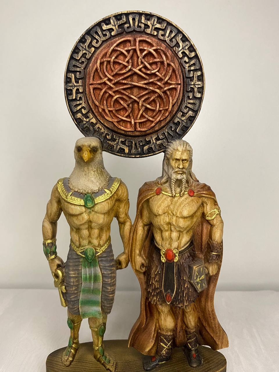 Horus & Thor Statue: Handcrafted Ash Wood, Egyptian Norse Mythology