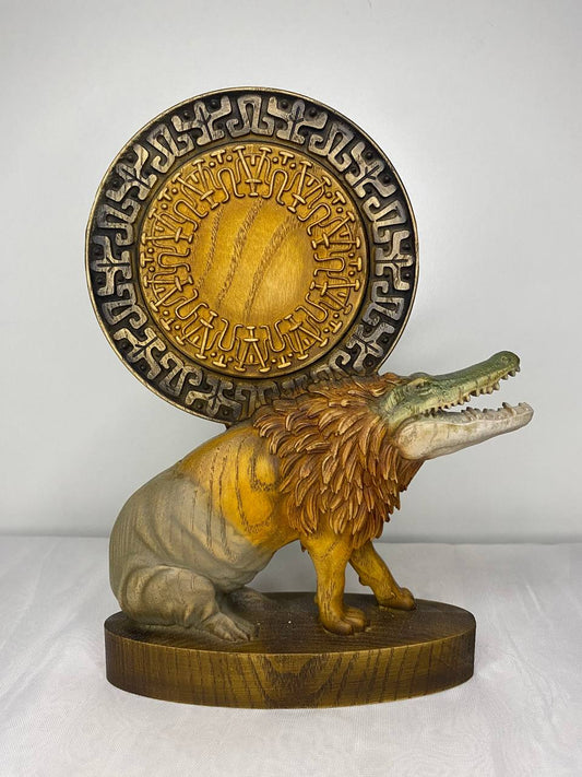Hand Carved Wooden Ammit Statue: Egyptian Mythology Home Decor
