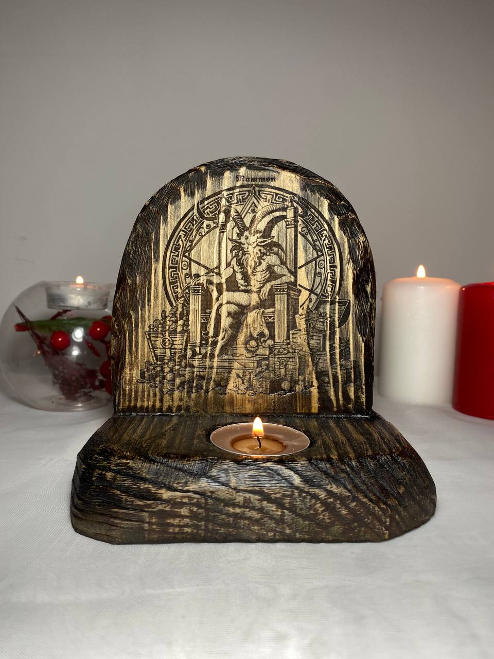 Mammon Mammon altar Demon mammon Occult art Occult decor Money spell Money ritual Satan altar Wooden candle holder Pagan altar Witchcraft