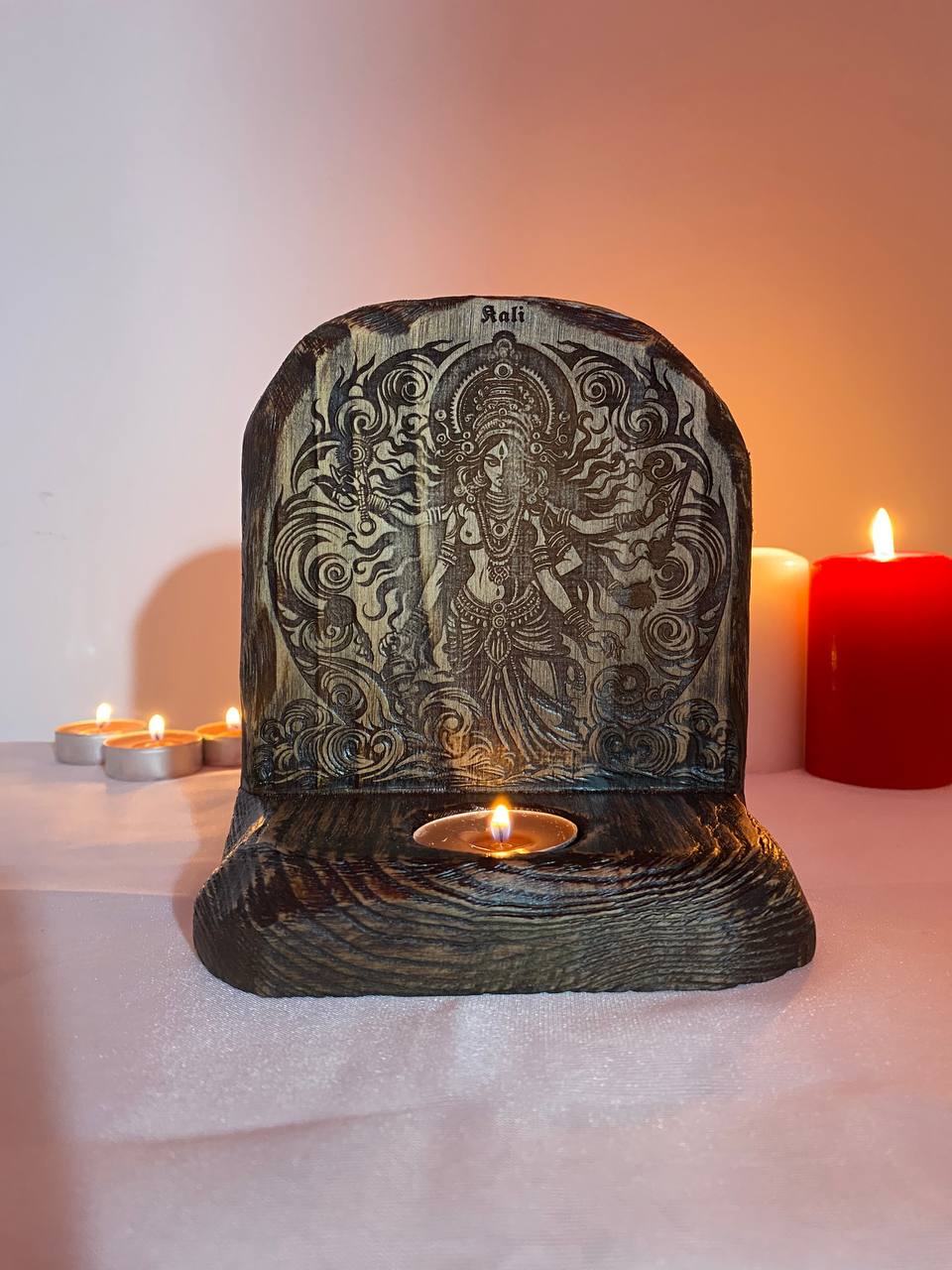 Kali Kali altar Goddess altar Wooden candle holder Kali art Kali goddess Hindu goddess Shiva Kali candle holder Pagan altar Witchcraft