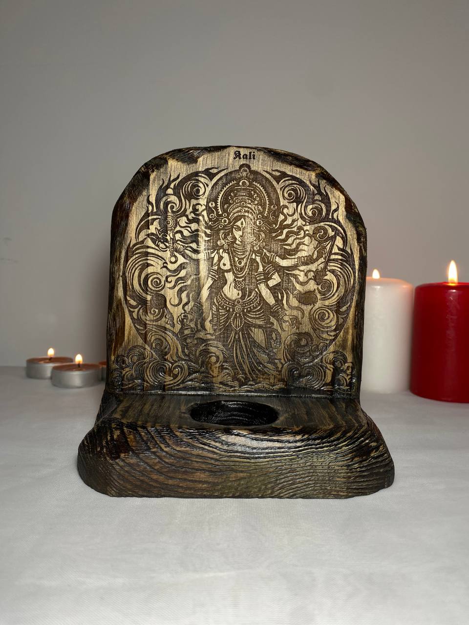 Kali Kali altar Goddess altar Wooden candle holder Kali art Kali goddess Hindu goddess Shiva Kali candle holder Pagan altar Witchcraft