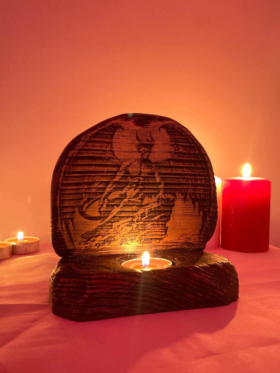 Lucifer Lucifer altar Mini altar Goddess altar Demon statue Occult decor Wooden candle holder Witchcraft candles Fallen ange altar