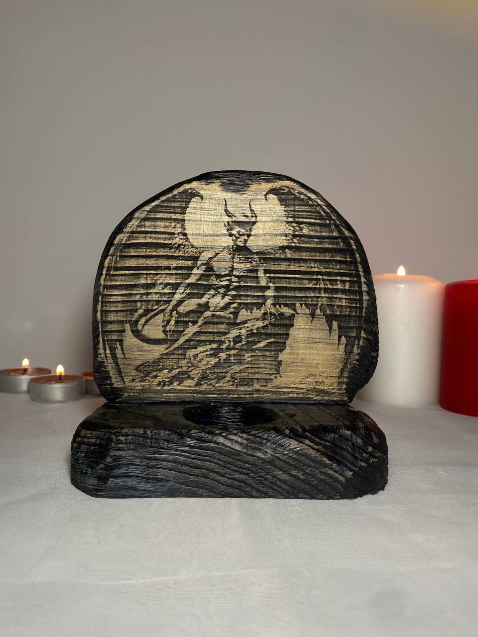 Lucifer Lucifer altar Mini altar Goddess altar Demon statue Occult decor Wooden candle holder Witchcraft candles Fallen ange altar