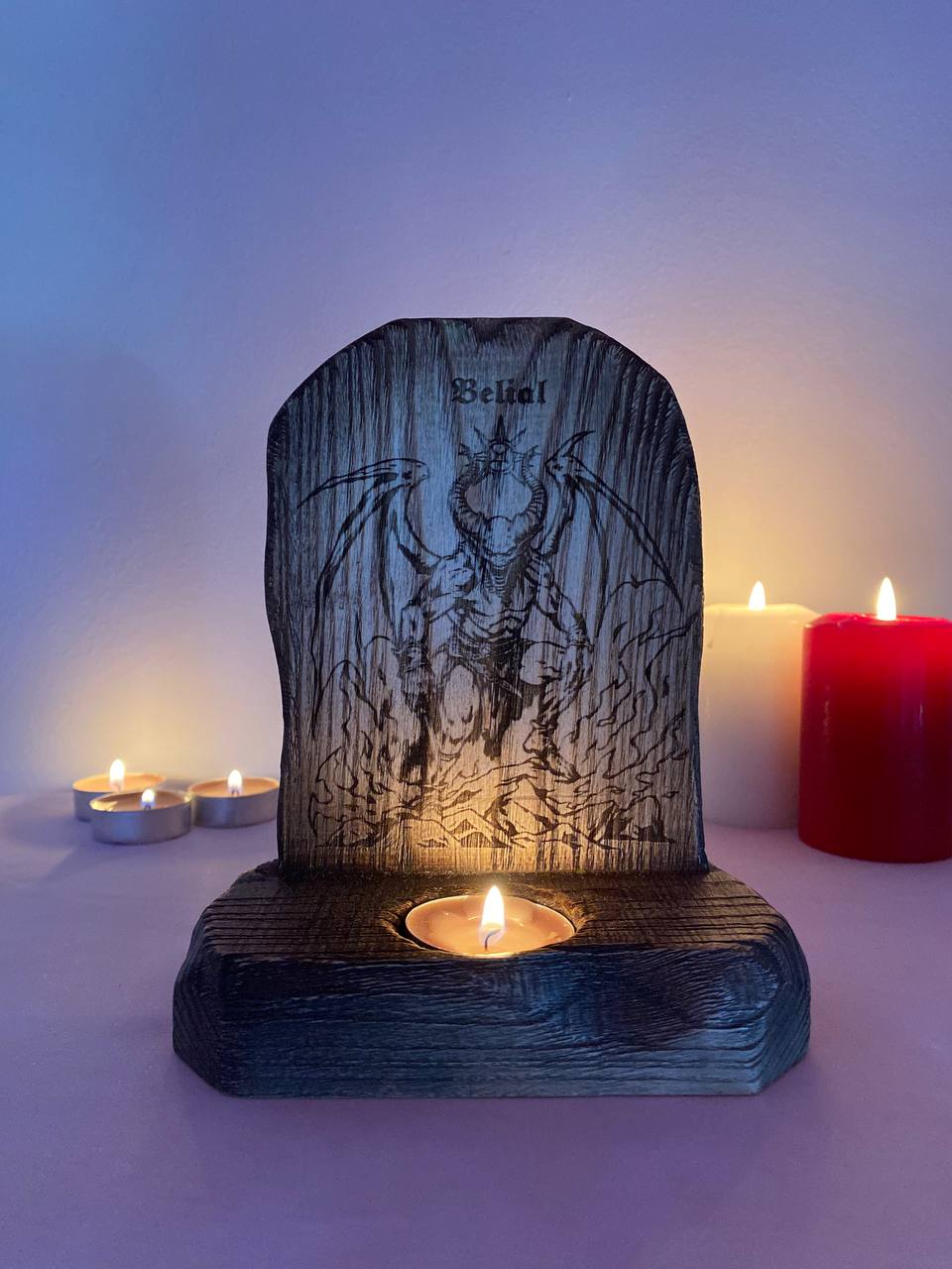 Belial Belial altar Norse altar Norse mythology Goetia Satan altar Demon altar Wooden candle holder Belial satanism Pagan altar Witchcraft