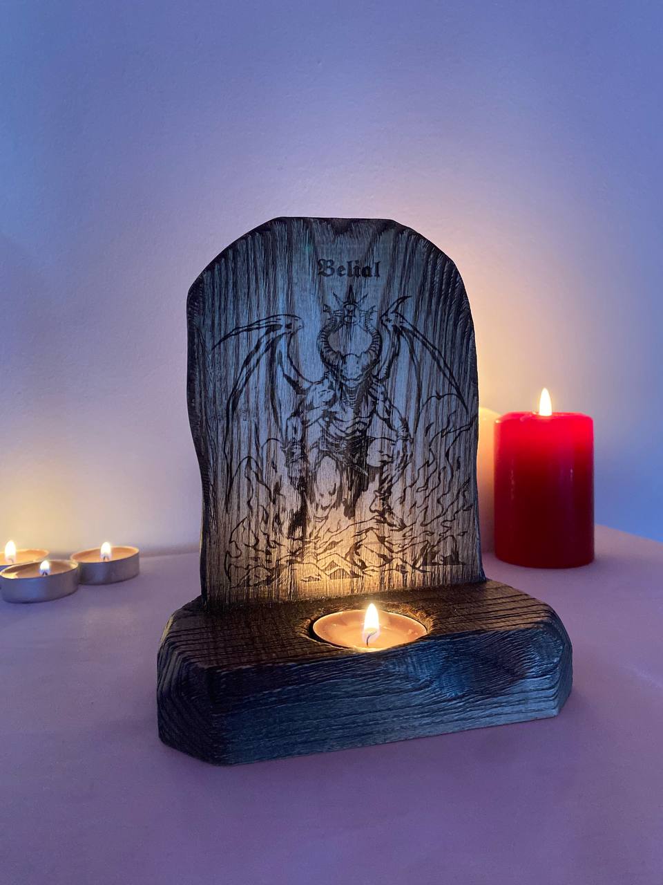 Belial Belial altar Norse altar Norse mythology Goetia Satan altar Demon altar Wooden candle holder Belial satanism Pagan altar Witchcraft