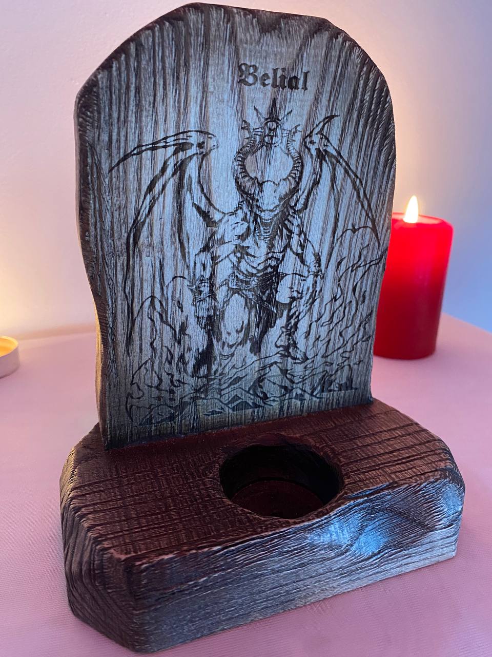 Belial Belial altar Norse altar Norse mythology Goetia Satan altar Demon altar Wooden candle holder Belial satanism Pagan altar Witchcraft