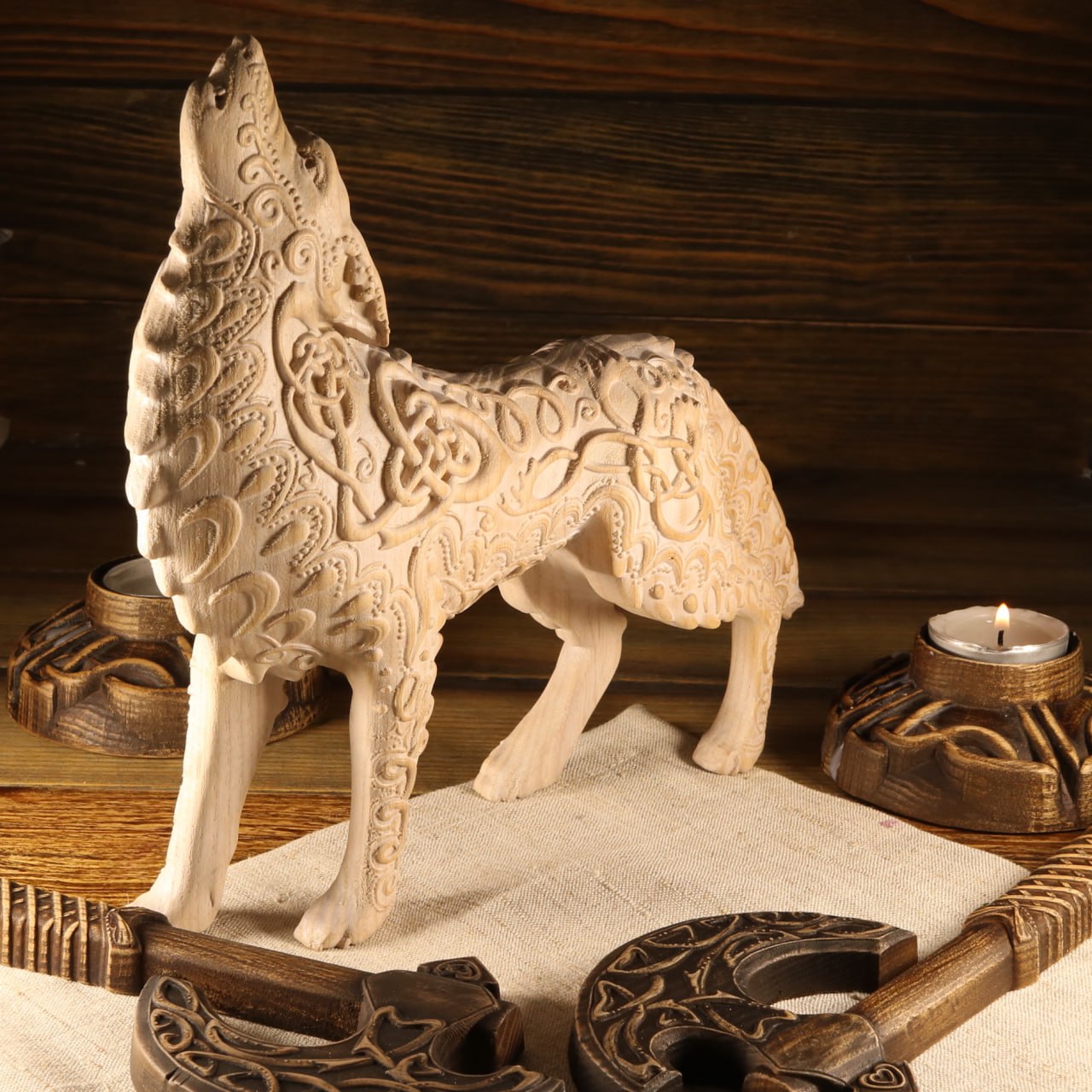 Celtic wolf Wolf statue Celtic knot Howling wolf Viking wolf Norse mythology Fenrir Pagan statue Wolf figurine Wooden wolf Wood carving