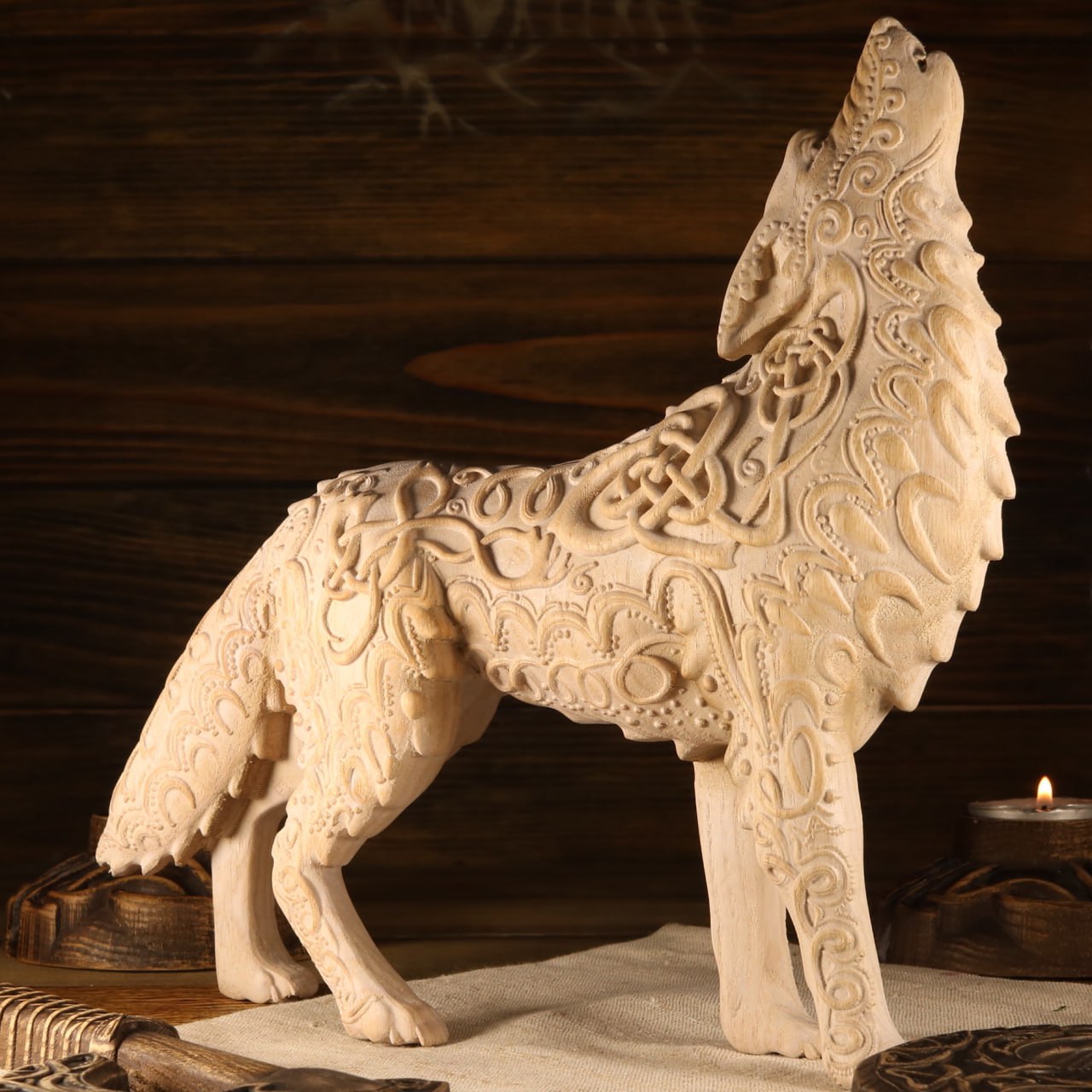 Celtic wolf Wolf statue Celtic knot Howling wolf Viking wolf Norse mythology Fenrir Pagan statue Wolf figurine Wooden wolf Wood carving