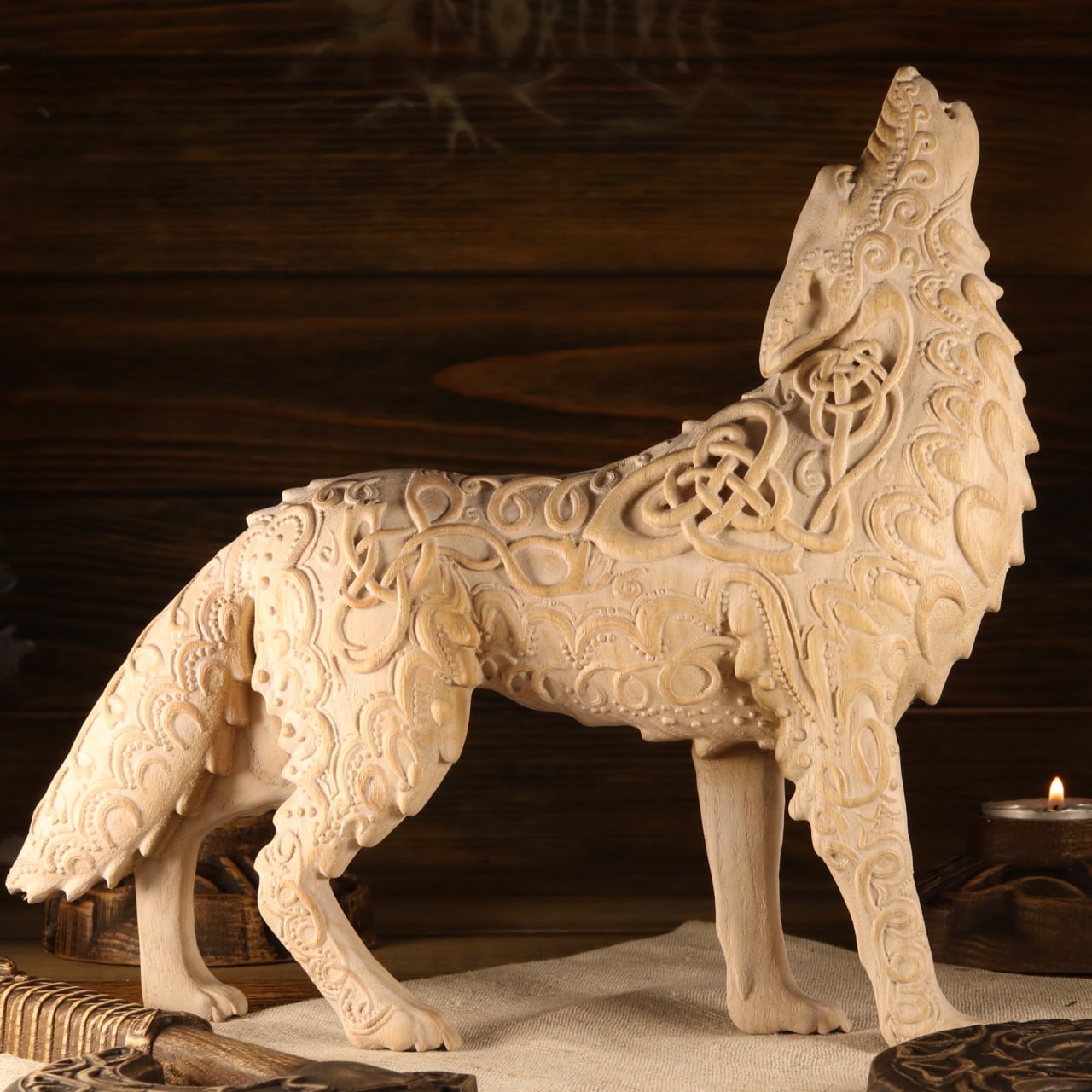 Celtic wolf Wolf statue Celtic knot Howling wolf Viking wolf Norse mythology Fenrir Pagan statue Wolf figurine Wooden wolf Wood carving