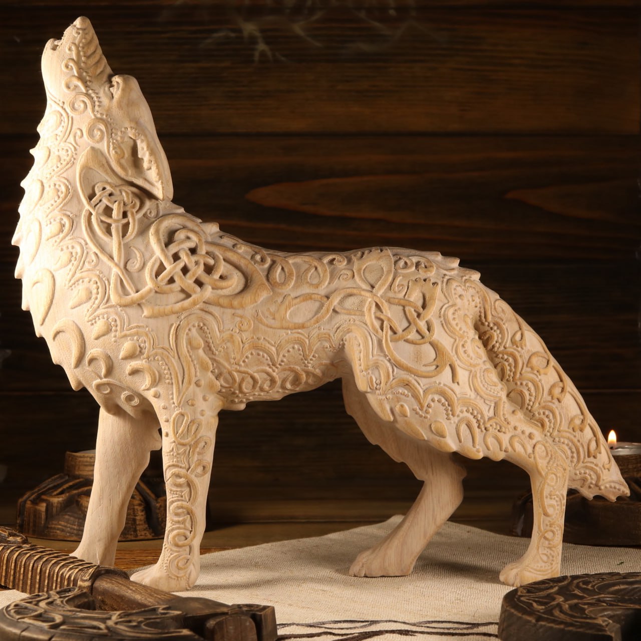 Celtic wolf Wolf statue Celtic knot Howling wolf Viking wolf Norse mythology Fenrir Pagan statue Wolf figurine Wooden wolf Wood carving