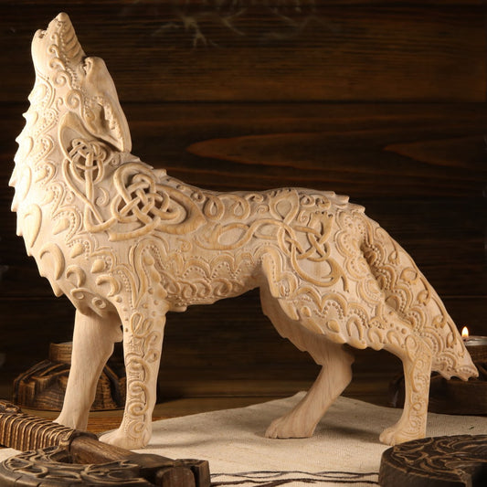 Celtic wolf Wolf statue Celtic knot Howling wolf Viking wolf Norse mythology Fenrir Pagan statue Wolf figurine Wooden wolf Wood carving