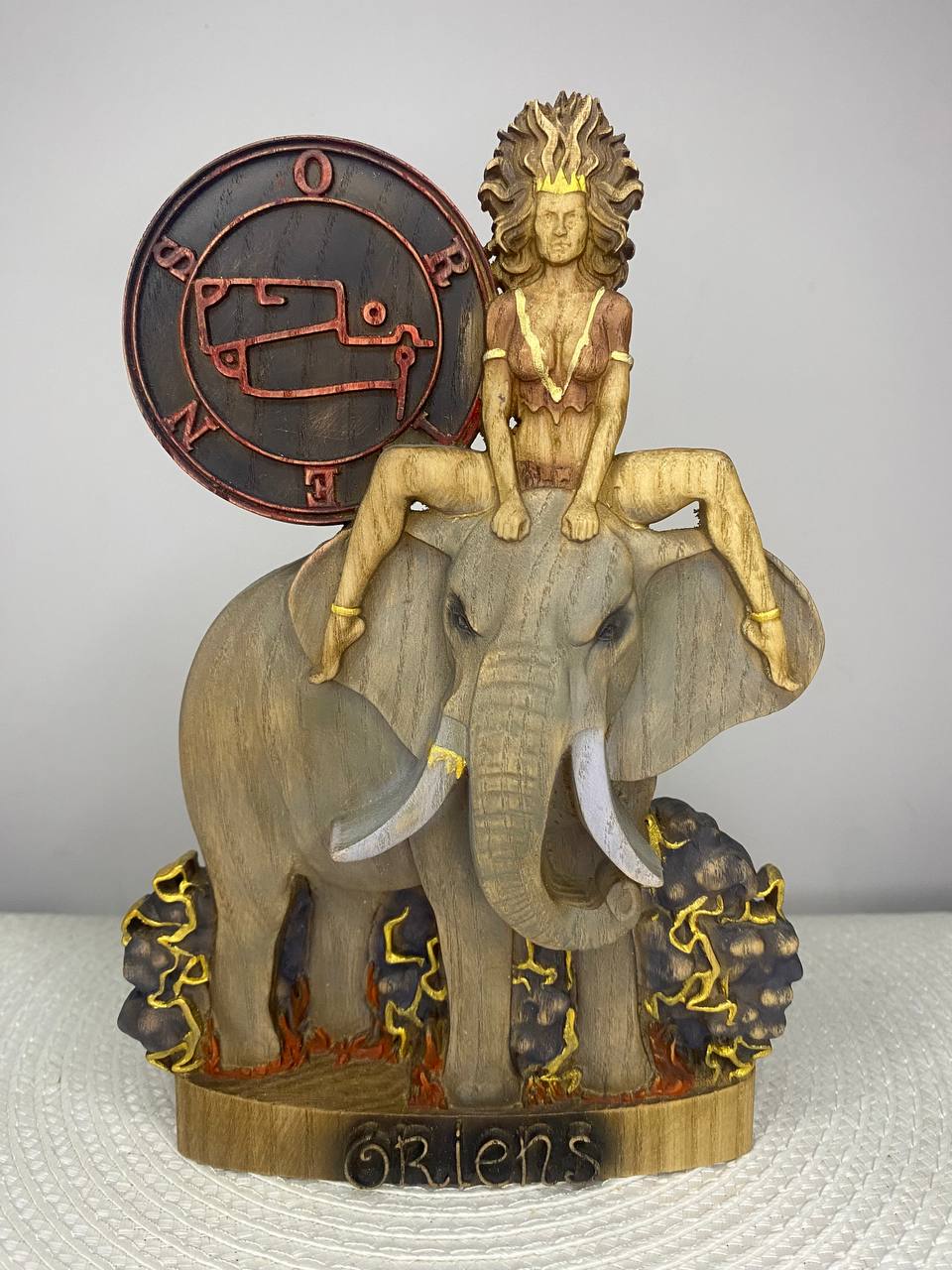 Hand carved Oriens wooden statue with magical sigil inspired by Ars Goetia and occult symbolism, mystical gothic decor sculpture for altars, meditation spaces, and spiritual practice.