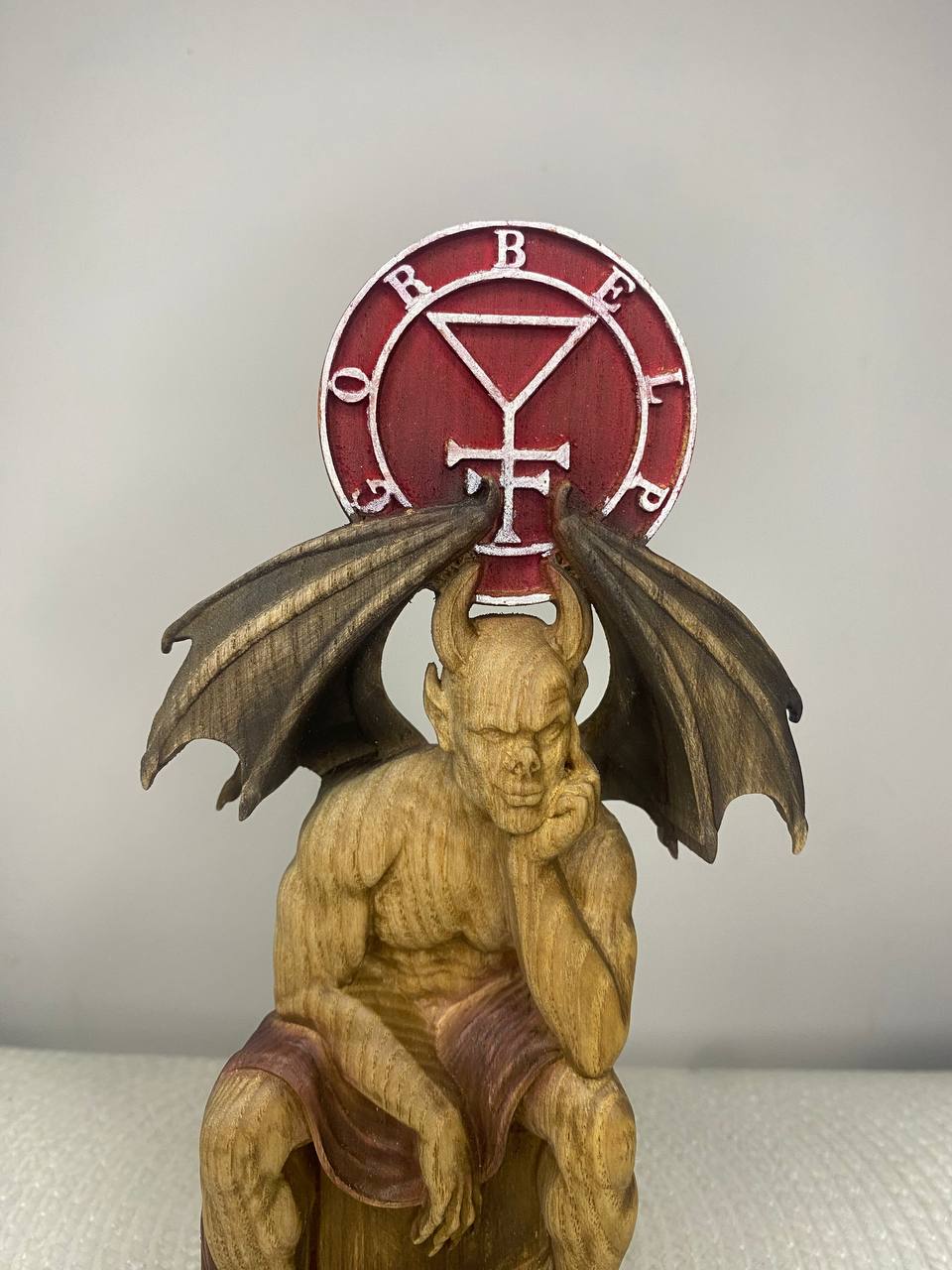 Belphegor Wooden Demon Statue with Sigil – Ars Goetia Occult Sculpture Gothic Altar Decor