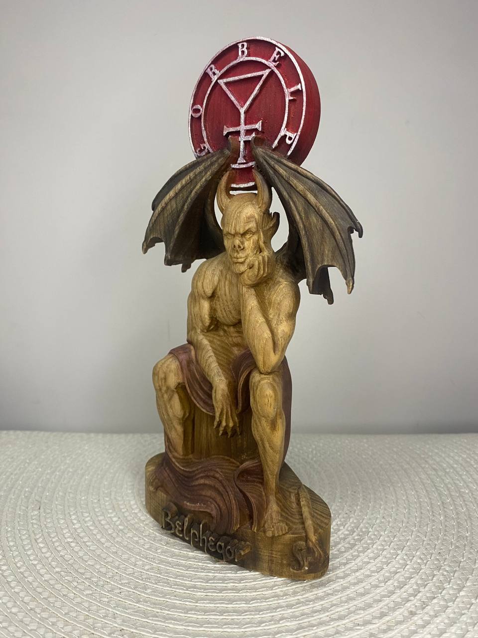Belphegor Wooden Demon Statue with Sigil – Ars Goetia Occult Sculpture Gothic Altar Decor