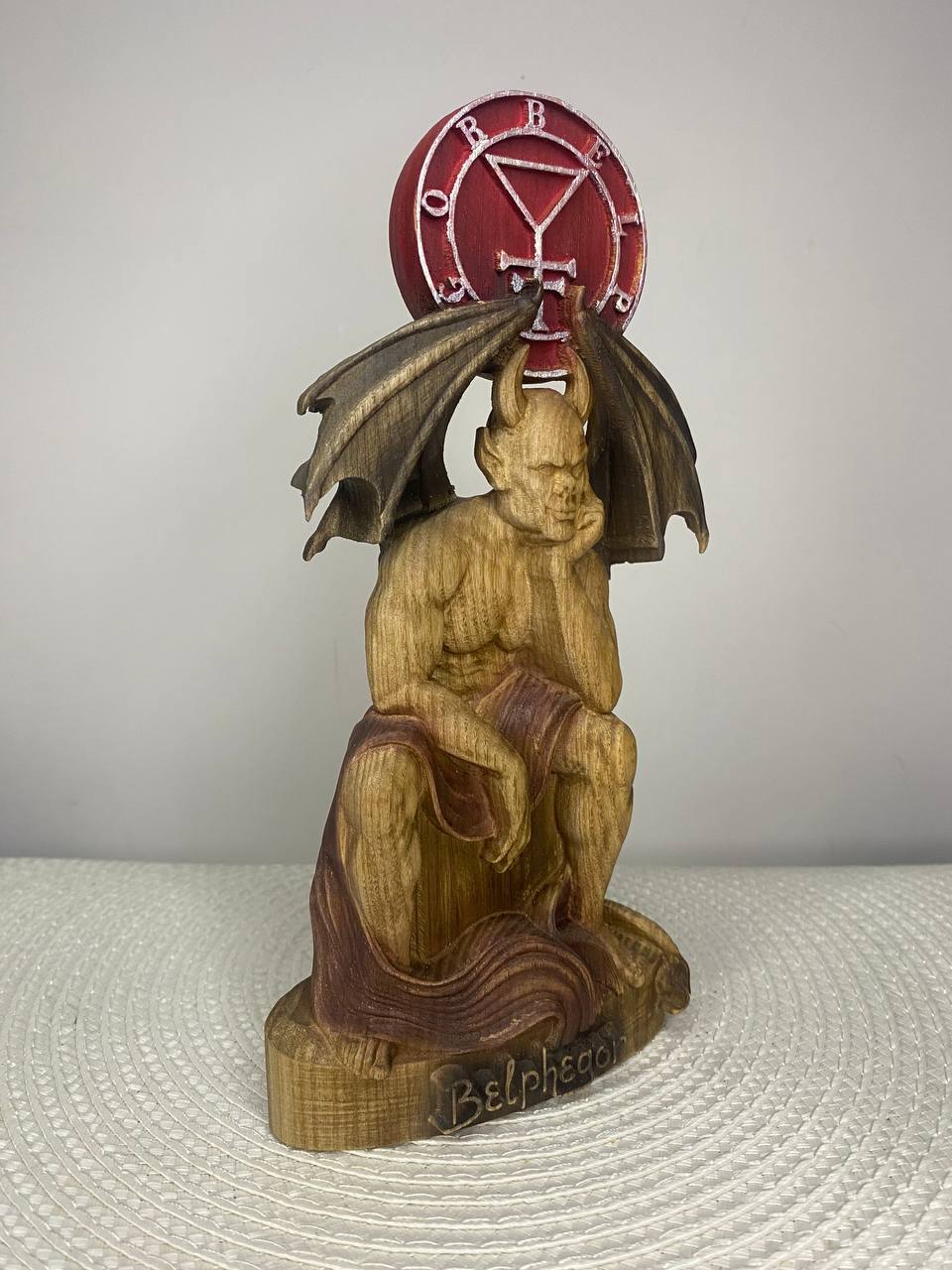 Belphegor Wooden Demon Statue with Sigil – Ars Goetia Occult Sculpture Gothic Altar Decor