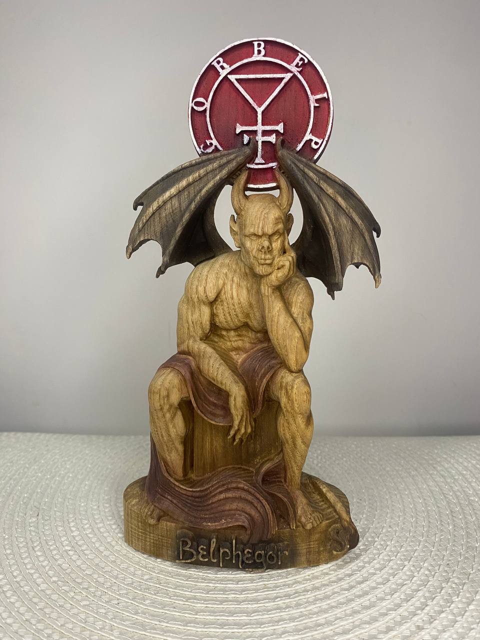 Hand-painted wooden statue of Belphegor with wings and occult sigil, depicting a seated demon figure inspired by Ars Goetia symbolism, gothic altar decor, and esoteric mystical art.

