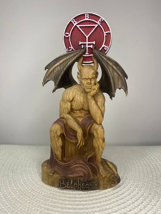 Belphegor Wooden Statue with Sigil – Ars Goetia Demon Figurine, Occult Altar Decor