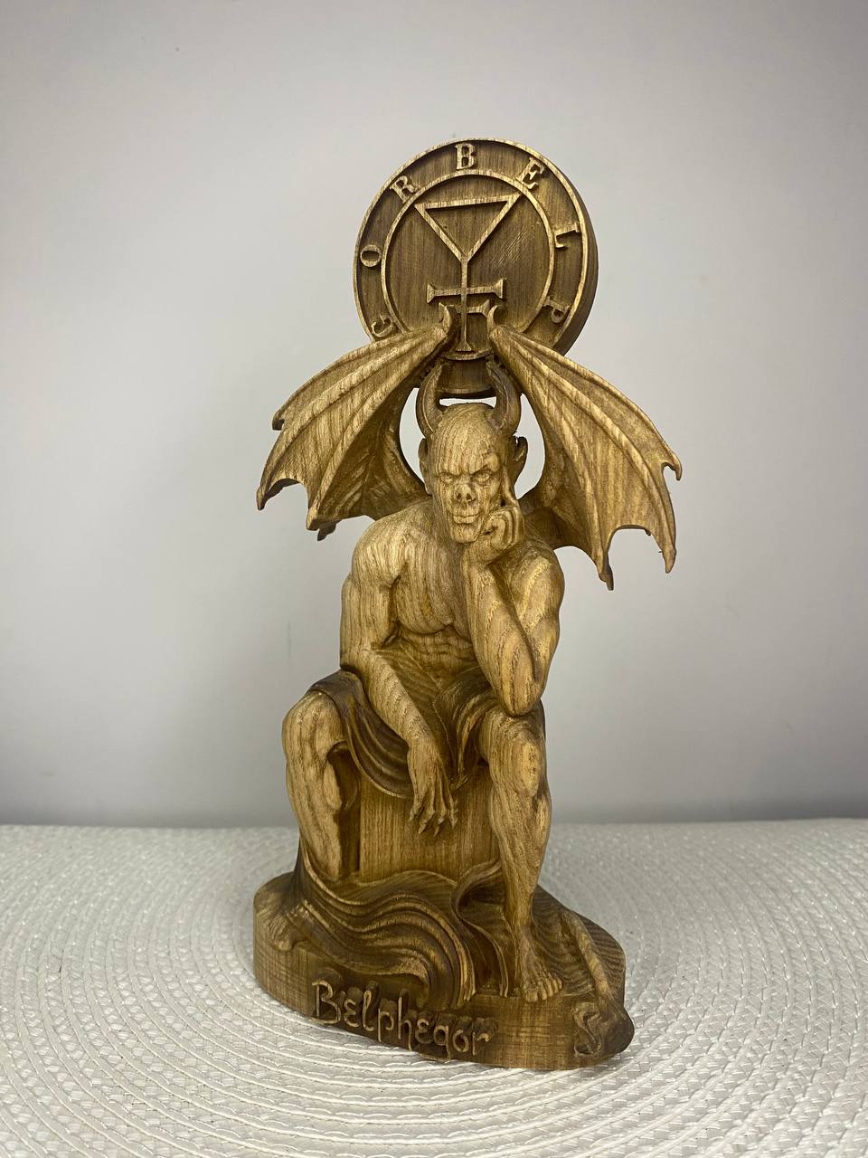 Belphegor Wooden Demon Statue with Sigil – Ars Goetia Occult Sculpture Gothic Altar Decor