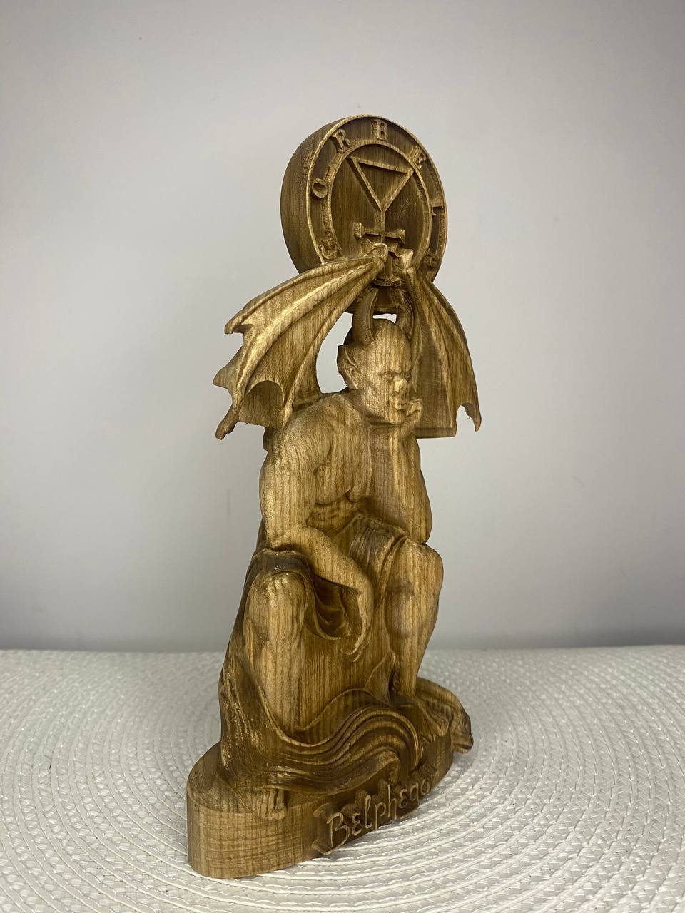 Belphegor Wooden Demon Statue with Sigil – Ars Goetia Occult Sculpture Gothic Altar Decor