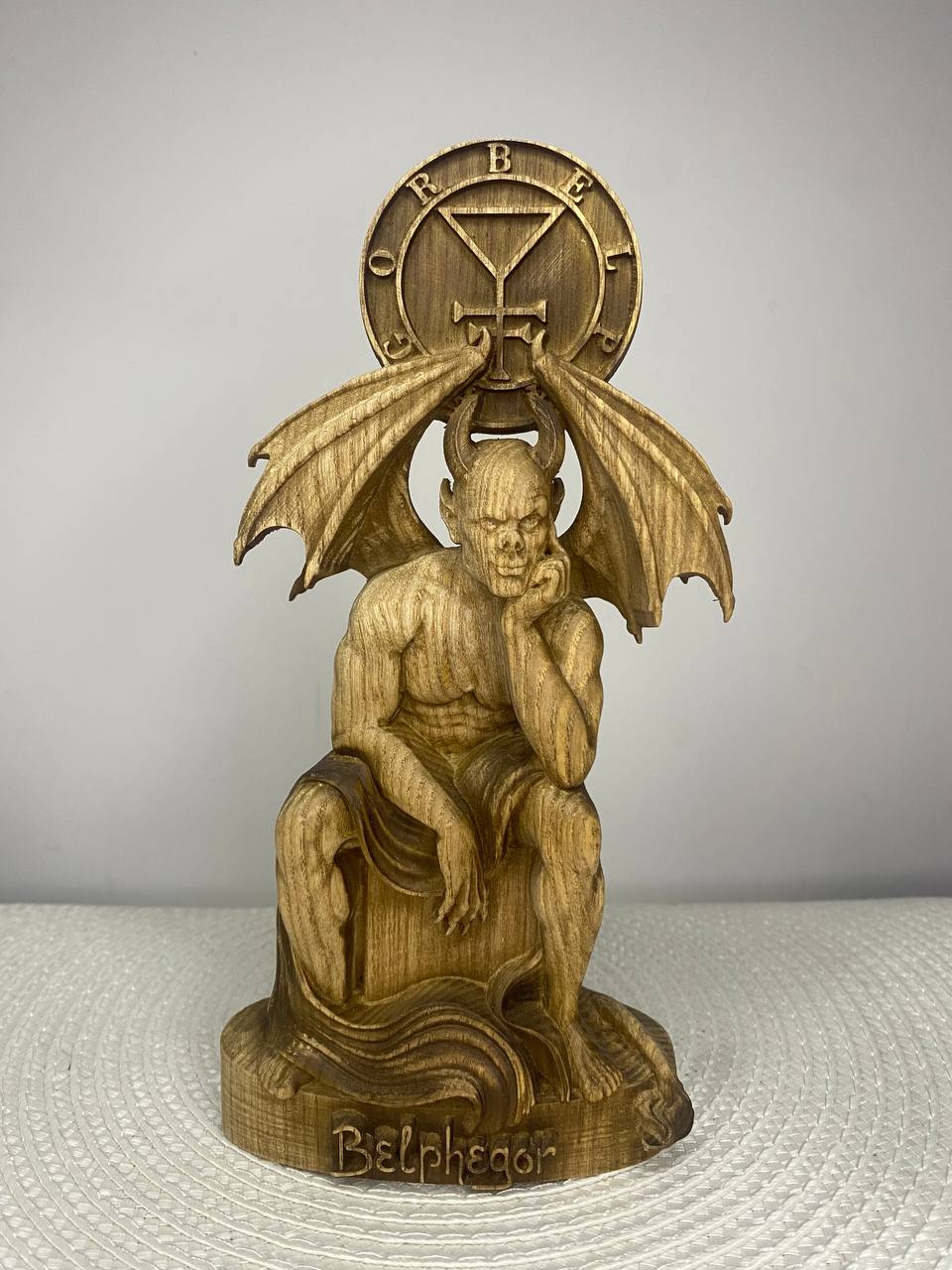 Belphegor Wooden Demon Statue with Sigil – Ars Goetia Occult Sculpture Gothic Altar Decor