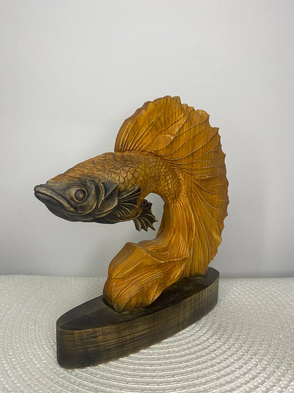 Golden Fish Sculpture Carved Wooden – Ash Tree Lucky Prosperity Symbol