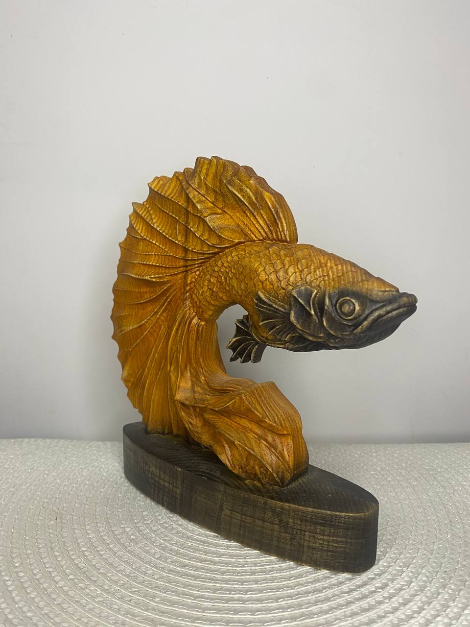 Golden Fish Sculpture Carved Wooden – Ash Tree Lucky Prosperity Symbol