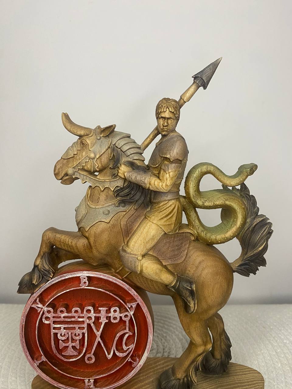 Bathin Wooden Demon Statue – Ars Goetia Sigil Sculpture Occult Gothic Altar Decor