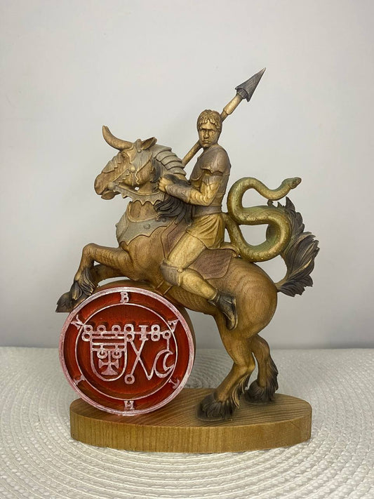 Hand-carved wooden statue depicting Duke Bathin riding a mythical horse with a spear, serpent tail, and carved Ars Goetia sigil, inspired by occult demonology.
